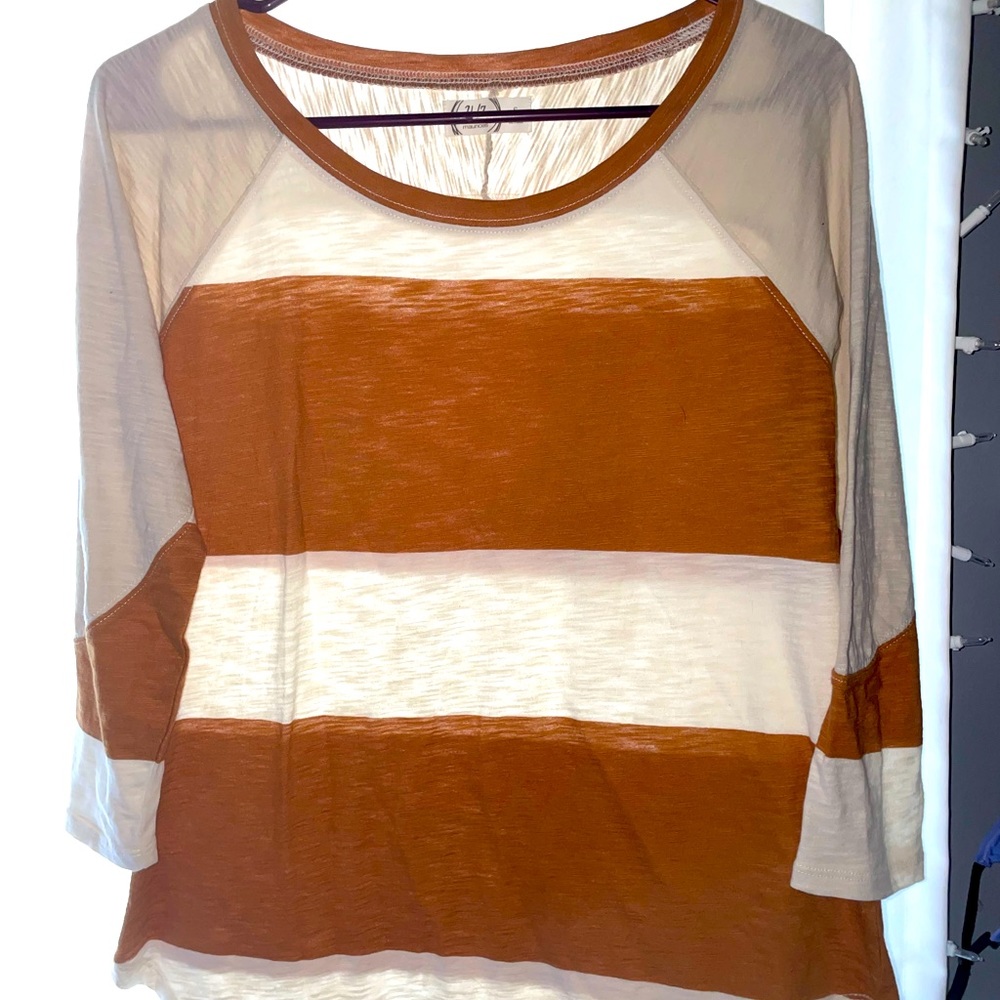 white and mustard striped top